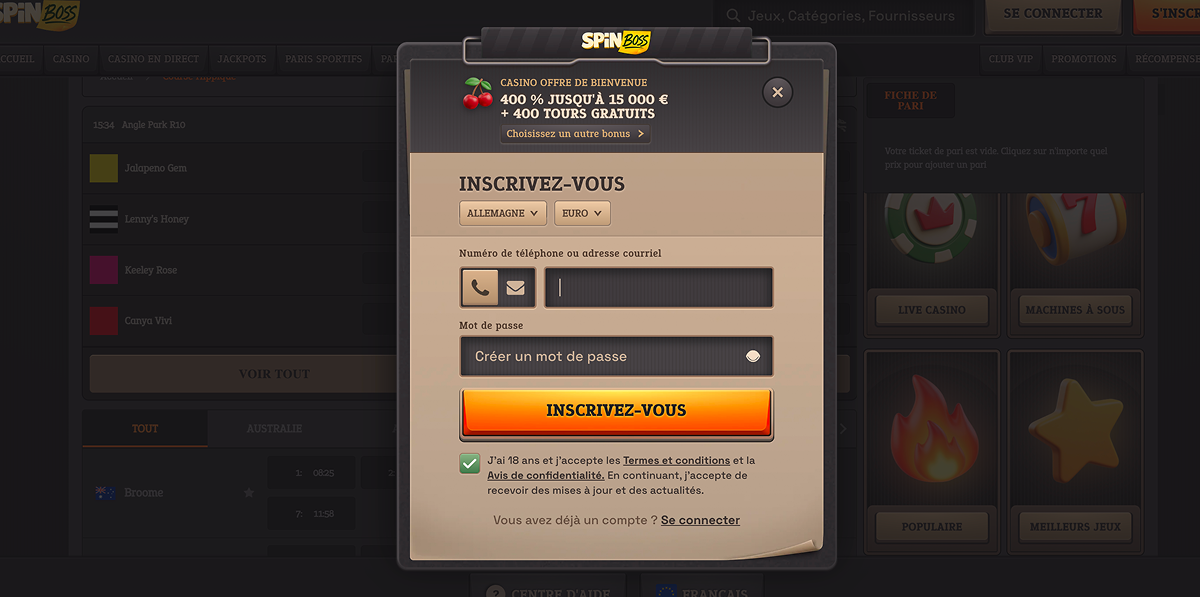 Inscription pour les joueurs français Casino SpinBoss S'inscrire sur Spin Boss Casino