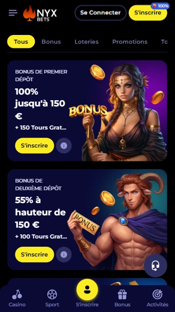 Réel Bonus de Premier et Deuxième Dépôt sur NyxBetsCasino Français