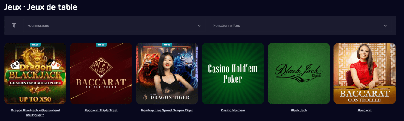 Jeux de Table au Casino PartySpinz en Ligne FR